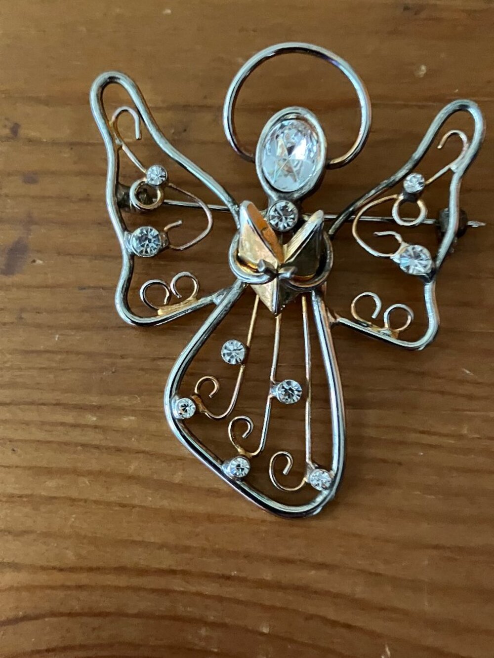 VTG Two-tone wire Angel Brooch crystal rhinestone accents and small book
